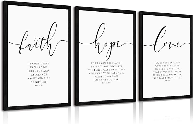 Bible Verses Wall Decor 3 Pieces Scripture Quotes Canvas Wall Art Faith Hope Love Scripture Posters Prints Christian Artwork Pictures for Living Room Bedroom Decoration 16x24 Inch Black Framed