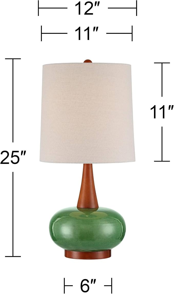 360 Lighting Andi 25" High Mid Century Modern 3-Way Table Lamp Green Ceramic Wood Finish Single Fabric White Shade Cottage Core Living Room Bedroom Bedside Nightstand House Office Colors May Vary
