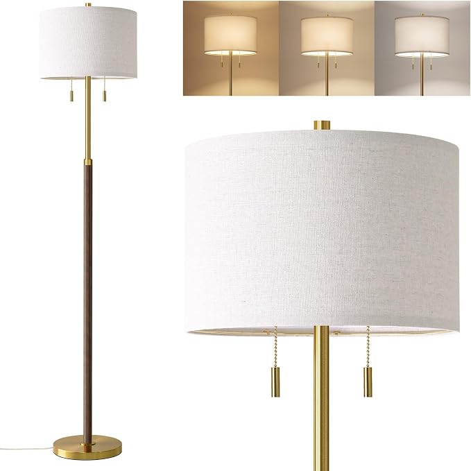 G-SAFAVA Floor Lamp 61" Wood Lamps for Living Room Bedroom 2-Lights Mid Century Modern Standing Tall Lamps for Office Nursery Corner Reading Room Lamp, 3 Color Temperatures 9W Bulbs Included, Walnut