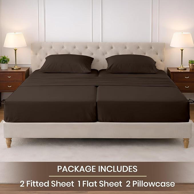 SGI Split King Sheet Set for Adjustable Bed Egyptian Premium Cotton 600 Thread Count Sheets for Sleep Number Bed 15" Deep Pocket 5 Pc Set with 2 Twin XL Fitted Sheets Soft Breathable -Chocolate