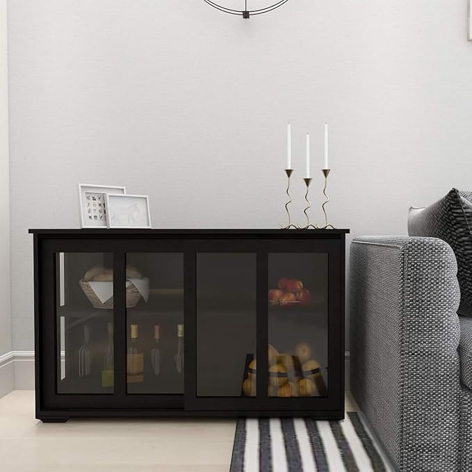 RASOO Buffet Sideboard with Sliding Glas Door and Adjustable Shelf Stackable Kitchen Storage Cabinet Antique Cupboard Home Furniture, Black