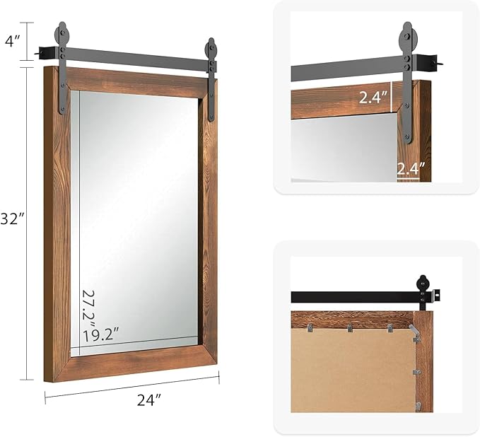 YOSHOOT Farmhouse Barn Door Wall Mirror, 32"x24", Rustic Wood Framed, Vintage Style, for Bathroom/Living Room/Entryway, Brown, Vertical Hanging ONLY