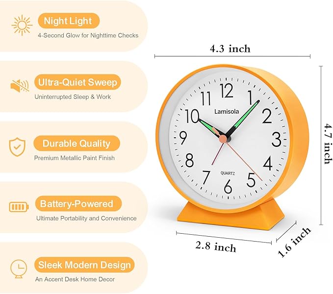 4.5 Inch Small Silent Analog Alarm Clock, Retro Battery Operated Desk Clock with Night Light Stays On 4 Seconds Vintage Metal Table Clock for Bedside, Nightstand, Bedroom, Office, Bathroom - Orange