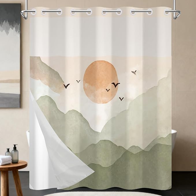 No Hook Boho Shower Curtain with Snap in Fabric Liner, Green Hills with Sunset and Birds, Zen Mid-Century Waterproof Bath Curtain Decor with Mesh Top Window 71x74 Inch