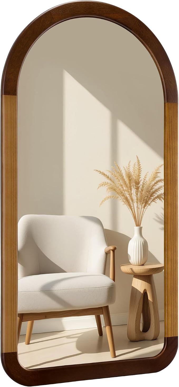 Arched Mirror 24 x 47 Inch,Brown Wood Rustic Bathroom Tempered Wall Mirror with Wood Frame,Round Corner Arch Farmhouse Wooden Vanity Mirror for Living Room,Entryway or Bedroom（Walnut Brown）