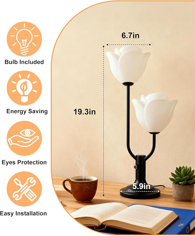Lightdot Women Bedside Table Lamps for Bedroom, 2-Light Cute Flower Desk Lamp with G9 LED Bulbs, 0-100% Stepless Dimmable Black Nightstand Lamp, Floral Lamp for Living Room, Home Office,Reading