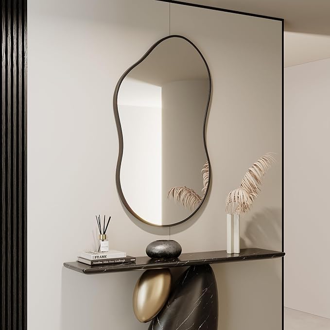 Irregular Wall Mirror - 26''×46'' Asymmetrical Decorative Tempered Glass Aluminum Alloy Framed Mirrors Cloud Mirror Wavy Mirrors for Bathroom, Bedroom, Living Room, Entryway（Black）