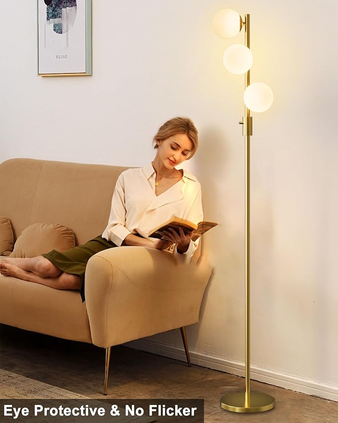 Lightdot 64IN Dimmable Globe Floor Lamp, Gold Standing Lamps with 3pcs 3000K G9 Bulbs Included Soft Warm White Eye Care, Mid Century Floor Lamp for Living Room/Sofa Beside/Corner Decor