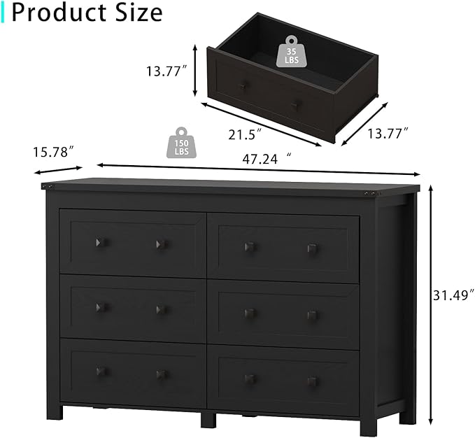6 Drawer Dresser for Bedroom, Black Modern Dressers & Chests of Drawers with Metal Handles, Closet Storage Dresser, Storage Cabinet and Organizer with Drawers