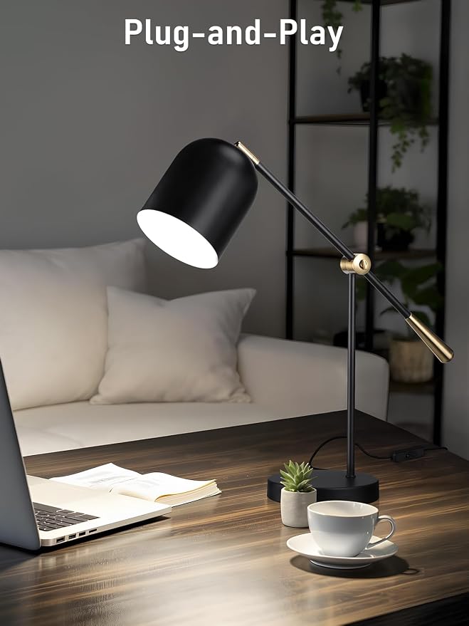 TORCHSTAR Adjustable Desk Lamp Aesthetic, AC 110-120V, Swing Arm Task Desk Lamp, Max 60W, E26 Base, Bulb Not Included, Metal Decor Desktop Lamp with On/Off Switch, for Work, Study, Home Office, Black