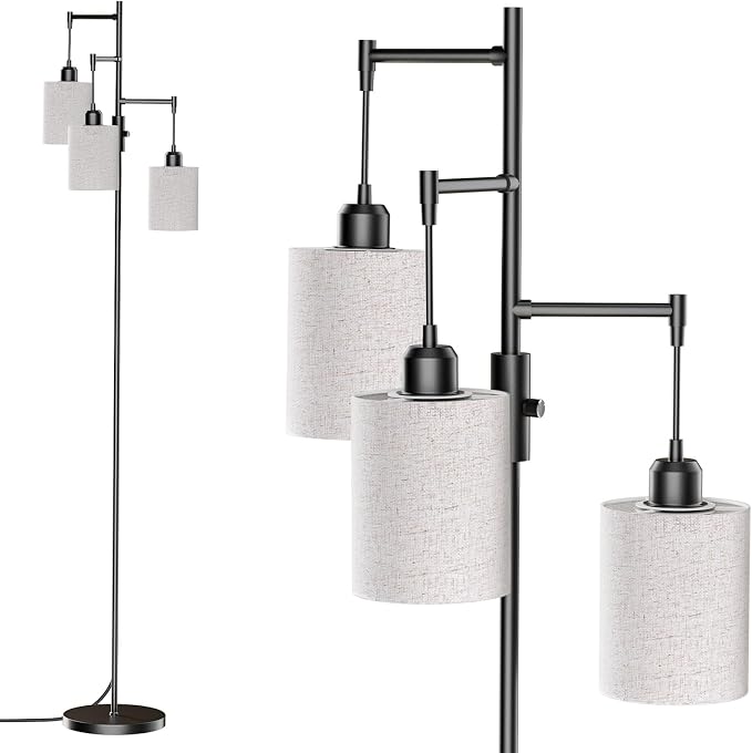 SIBRILLE Dimmable Floor Lamp, Tall Standing Lamp with Linen Shade, Industrial Tree Floor Lamps for Living Room Bedroom Office, 3 x 1000LM LED Bulbs Included