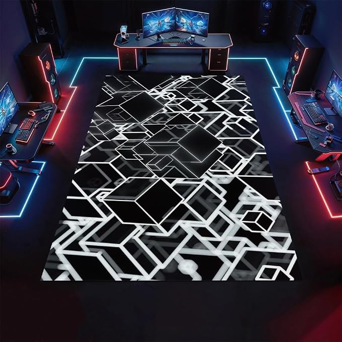 3D Geometric Area Rugs, Black White Block Pattern Carpet, Washable Non Slip Low Pile Soft Rug for Living Room Bedroom Decor Mat 3x4ft(Small)