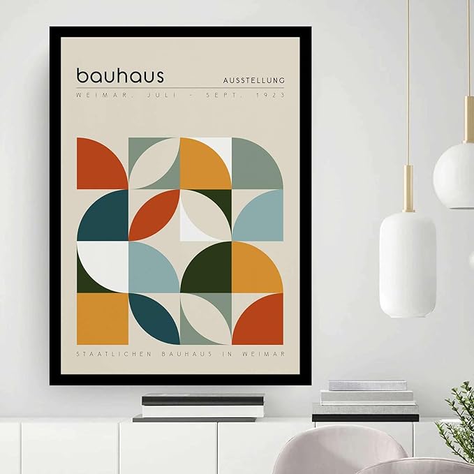 AnenaXean Poster Wall Art Picture Bauhaus Exhibition Poster Geometric Print Abstract Wall Art Mid Century Modern Beige Orange Sage Decor Bedroom and Kitchen Office Wall Decoration 8x12inch Solid wood
