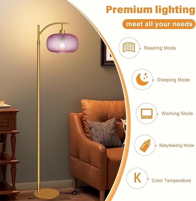 Glass Floor Lamp for Living Room, Modern Tall Standing Lamp with Pink Glass Lamp Shade, Dimmable Gold Tall Floor Lamp for Bedroom Office with Remote Control, 1 x 12W LED Bulbs Included