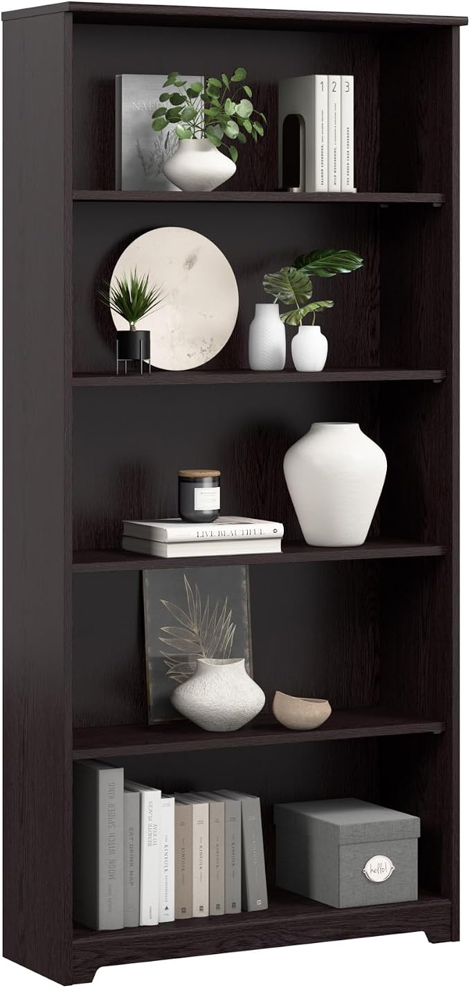 Bush Home Tall 5 Shelf Bookcase, Large Open Bookshelf, Sturdy Display Cabinet for Living Room or Home Office, Cabot Collection, Espresso Oak