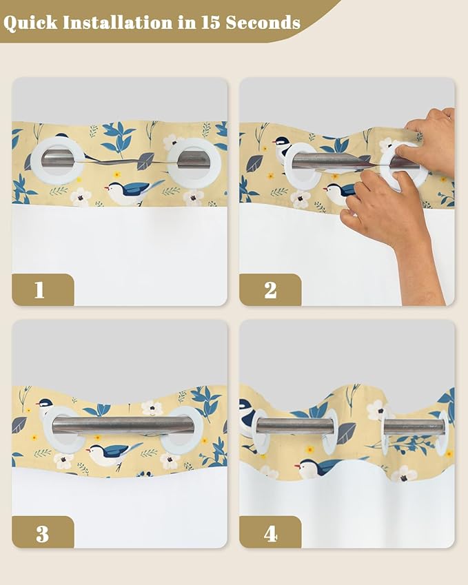 No Hook Shower Curtain and Liner Set, Bird and Floral Print in Yellow Fabric, Waterproof Bath Tub Curtain for Cottage, Farmhouse, Kids Bathroom Decor, See Through Top, 71 x 74 Inch