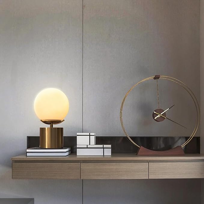 10 Inch Gold Globe Table Lamp, Mid Century Modern Desk Lamp with Frosted Glass Shade, Eye-Caring Soft Light, Gold Metal Base Ball Bedside Lamp for Bedroom Living Room Nightstand Home Decor