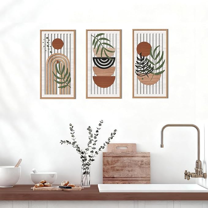 IARTTOP Boho Mid-century Modern Wood Wall Art 8x16 Inch Framed Bohemian Abstract Wooden Wall Decor Set of 3 Minimalist Orange Leaf Wall hanging for Living Room Bedroom Office