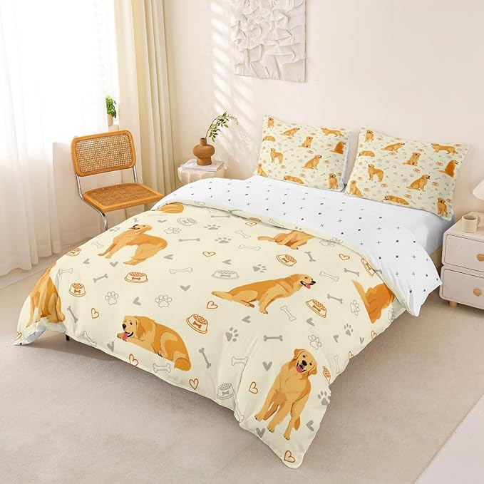 Erosebridal Cute Golden Retriever Bedding Set King Lovely Dog Duvet Cover Pet Dog Lover Comforter Cover for Kids Girls Boys Adults Paw Print Aesthetic Bed Set