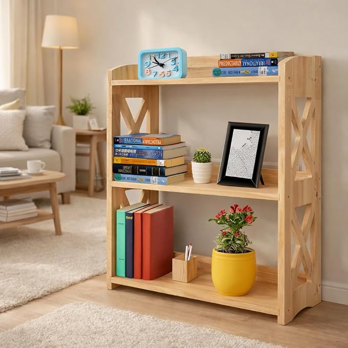 Wooden 3 Tier Bookshelf, Small Wood Bookcase Storage Shelf, Open Shelf Organizer for Bedroom, Living Room and Office (Natural, 3 Tier)