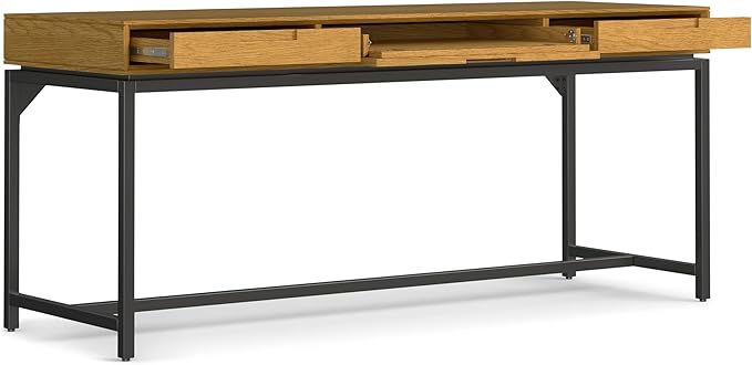 SIMPLIHOME Banting Desk - 72 Inch Wide Solid Oak Veneer and Metal Writing Desk in Oak, Modern Industrial Home Office Computer Table for Study with 2 Drawers and Flip-Down Keyboard Tray