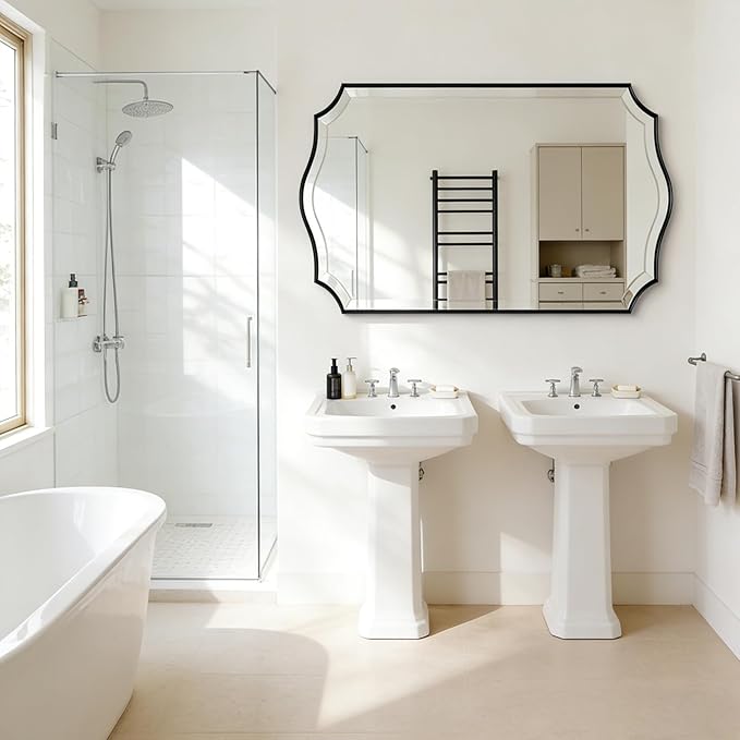 POZINO Scalloped Beveled Mirror, 30"x48" Modern Rectangle Mirrors for Over Sink, Large Wavy Decorative Mirrors, Irregular Shaped Mirror for Vanity Bathroom Living Room Bedroom Fireplace Entryway
