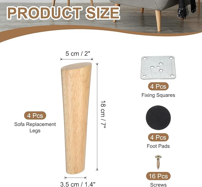 PATIKIL Wood Furniture Legs, 4Pcs 7" Tapered Replacement Sofa Leg for Chair Couch Bed Coffee Table Dresser, Wood Color