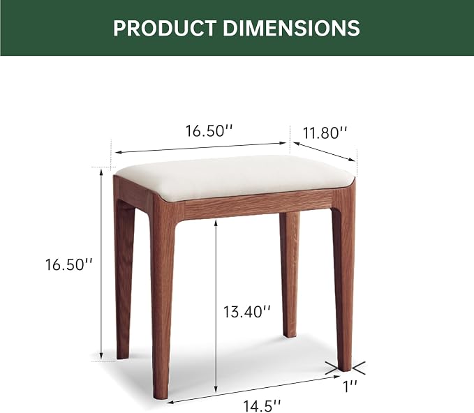 Vanity Stool, Ash Wood Vanity Chair, Wooden Chair for Vanity with Upholstered Cushions for Living Room, Bedroom, Walnut
