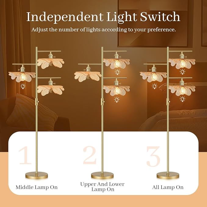 Amber Glass Floor Lamp, Dimmable Gold Standing Lamp with Leaf Lampshade, Three-Way Switch Control, 3-Light Tree Floor Lamp Mid Century Modern Tall Lamp for Living Room Bedroom Office Study