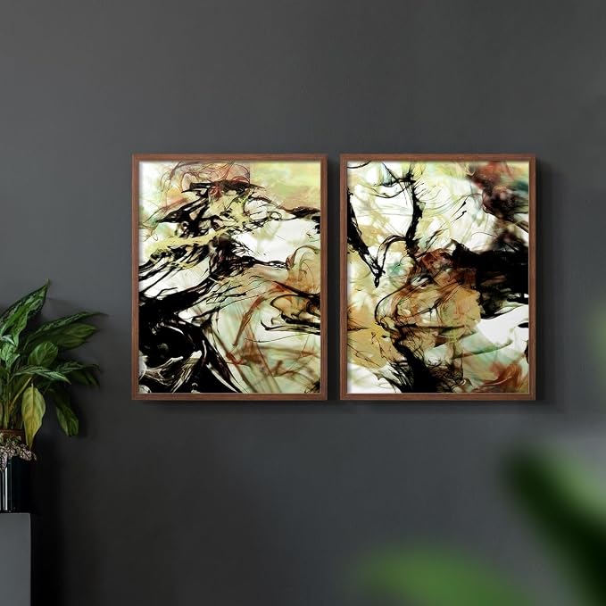 Renditions Gallery Set of 2 Peel & Stick Framed Prints, Abstract Wall Art, Vaping Smoke Design Wall Decor, Re-Stickable - Ready to Hang - 16"x20" - Walnut Frame LT588