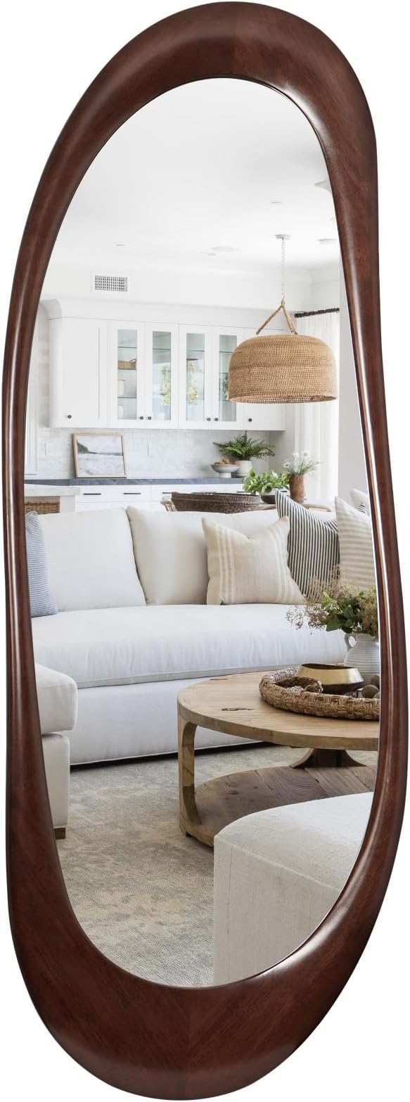 WallBeyond Asymmetrical Full Length Wooden Mirror, 22.5" x 63" Irregular Solid Wood Wall Mirror, Boho Decor for Bedroom Living Room Entryway, Mid-Century Modern, Dark Walnut