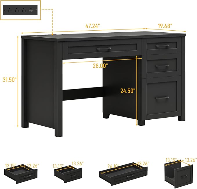 Vabches Farmhouse 47" Executive Desk, Computer Desk with File Drawer and Charging Station, Workstation for Home Office, Study,(Pure Black).