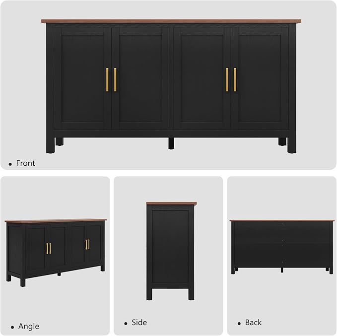 ARTPOWER Large Sideboard Buffet Cabinet with Storage, 60" Accent Cabinet Modern Buffet Table with Adjustable Shelf, Credenza Black Storage Cabinet for Dining Room, Living Room, Kitchen, Entryway