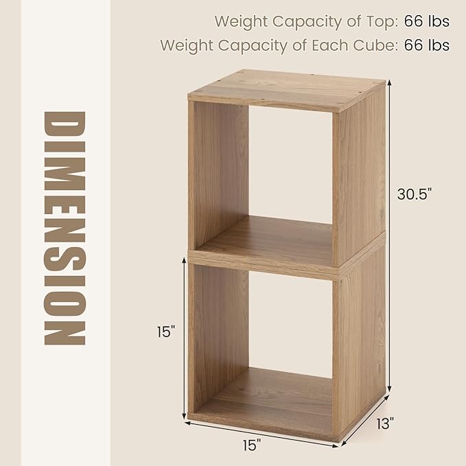2 Stackable Cubes Bookcase, Wooden Cubby Storage Organizer with Anti-Tipping Device, Small Book Shelf for Small Space, Combination Square Bookshelf Cubes (2, Natural)