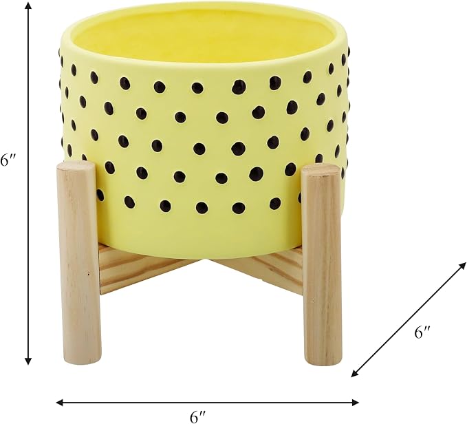 Ceramic Planter Pot with Wooden Stand – Indoor Outdoor Plant Holder with Black Polka-Dot Pattern, Decorative Pot Stand for Living Room, Entryway, Bedroom, Patio or Garden Décor – 6", Yellow