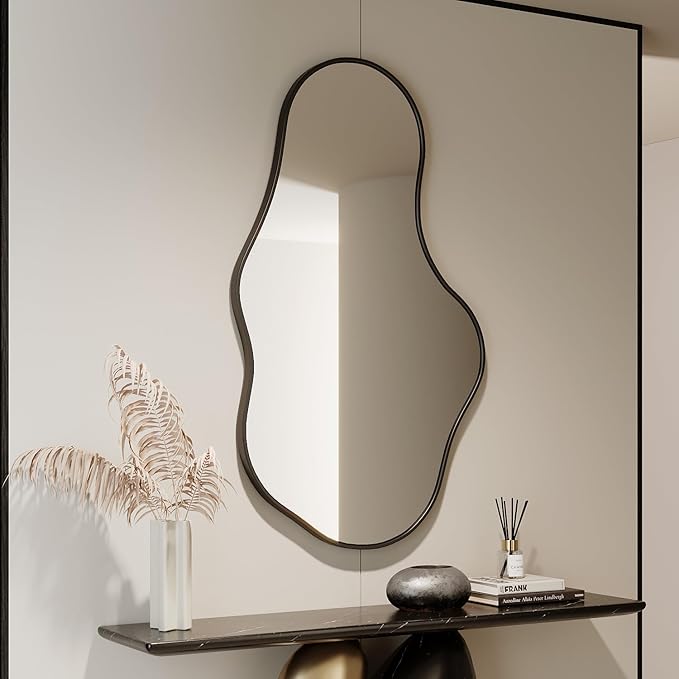 Irregular Wall Mirror - Black Wall Mirrors Decorative 22"x 36" Wavy Asymmetrical Abstract Mirror Aviation Aluminum Alloy Frame Unique for Vanity, Entryway, Bathroom, Bedroom, Living Room, Cloakroom