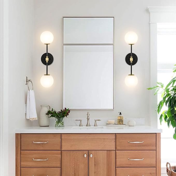 Modern Wall Sconce 2-Lights Industrial Mid Century Bathroom Vanity Wall Light with White Globe Glass Shade Gold & Black Finished Lighting Fixture