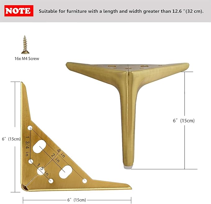 6 inch/15cm Brushed Gold Metal Furniture Legs Set of 4, Modern Style Furniture Legs, DIY Replacement for TV Stand, Sofa, Chair, Cabinet Cupboard