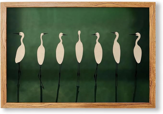 Japanese Cranes Wall Art 24x36 inch Framed Retro Bird Animal Canvas Poster Nature Minimalist Green Home Prints for Living Room Bedroom Office Decor