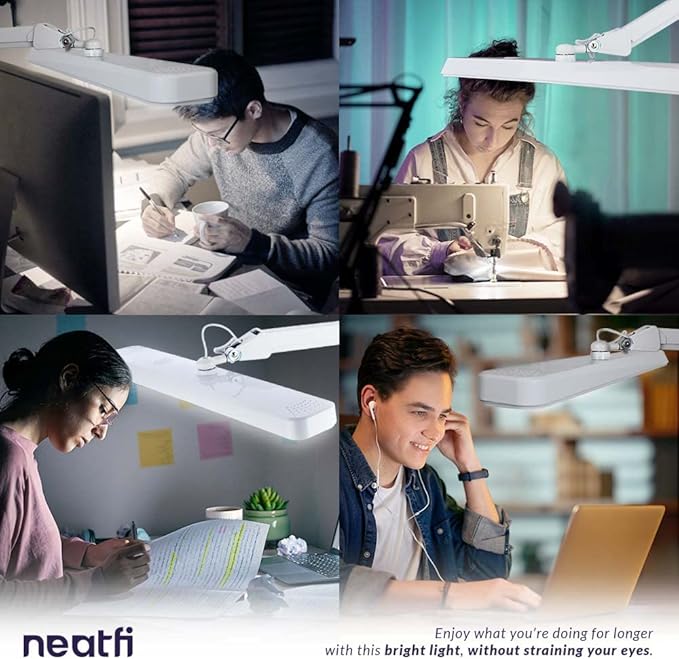 Neatfi Task Lamp – 2,500 Lumens, 30W, 22-Inch Wide Shade, 4 Brightness Levels, Eye-Caring Light, Clamp Mount, LED Task Light for Manicure Table, Crafts, Workbench, Office (Non-CCT, White)
