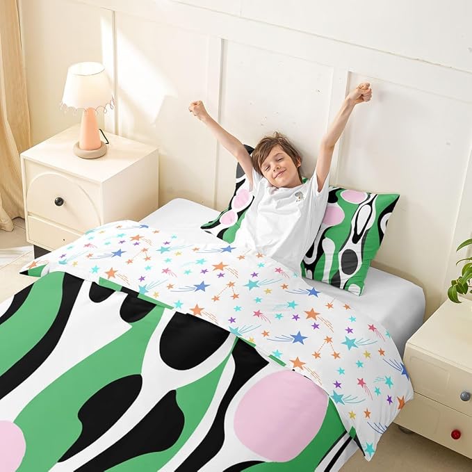 Erosebridal Mid Century Modern Abstract Duvet Cover Set Vintage Geometric Girl Toddler Bedding Set for Toddler Boys Contemporary Organic Shapes Comforter Cover Squiggle Blob Bed Sets,Green Pink
