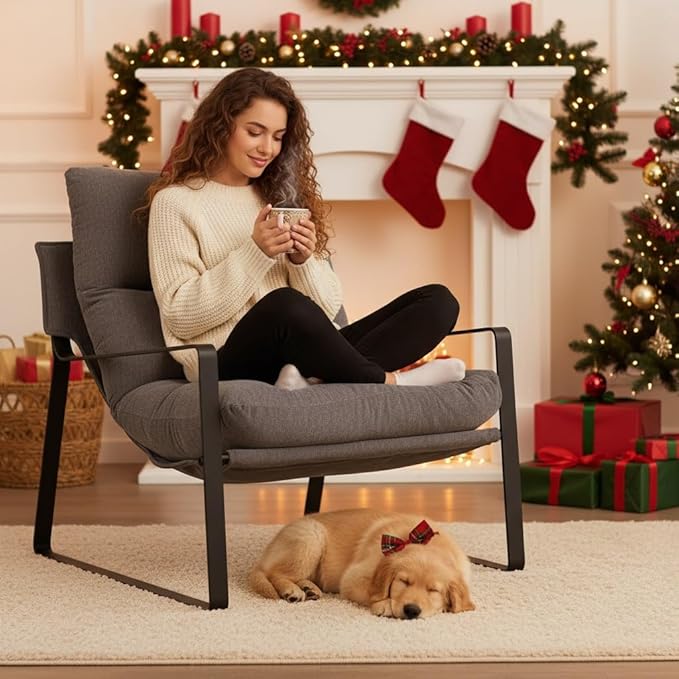 LukeAlon Modern Linen Accent Armchair, Upholstered Living Room Chair with Metal Base Thickened Cushion Single Sofa Chair Comfy Lounge Chair for Bedroom Living Room, Grey