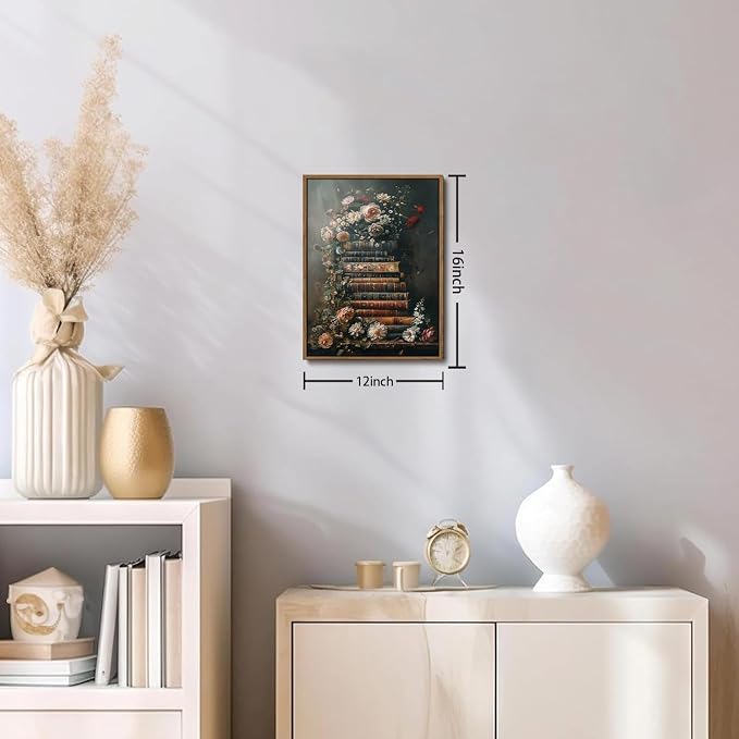 WALLZK Vintage Framed Wall Art Floral Books Canvas Prints Library Antique Literary Retro Decor Botanical Pictures Artwork for Walls Living Room Study Bedroom Bathroom 12"x16"