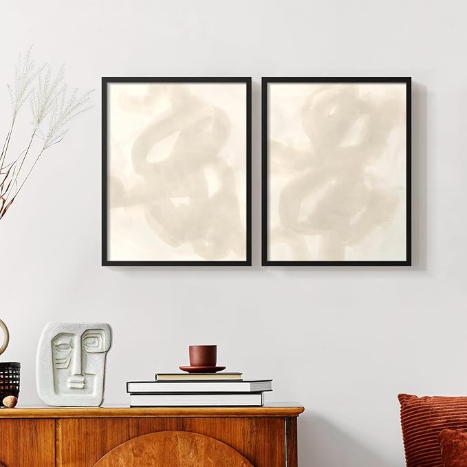 Renditions Gallery Set of 2 Peel & Stick Framed Prints, Abstract Wall Art, Beige and White Aesthetic Wall Decor, Re-Stickable - Ready to Hang - 16"x20" - Black Frame LT588