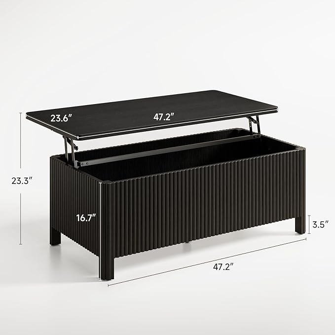 ONBRILL Fluted Lift Top Coffee Table with Storage, Mid Century Modern Coffee Table with Hidden Compartment, Rising Top Wood Center Table for Living Room, Home Office, Rounded Edges (Black)