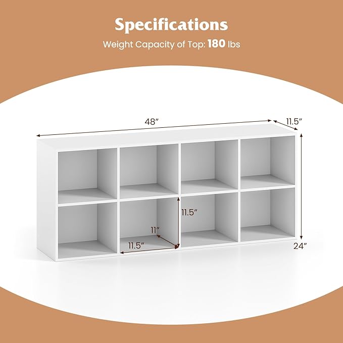 Tangkula 8-Cube Bookcase, Large Floor Standing Horizontal Bookshelf with 8 Open Shelves & 2 Anti-Tipping Kits, Home Office Wooden Storage Book Shelf for Living Room, Study (White, 8-Cube)