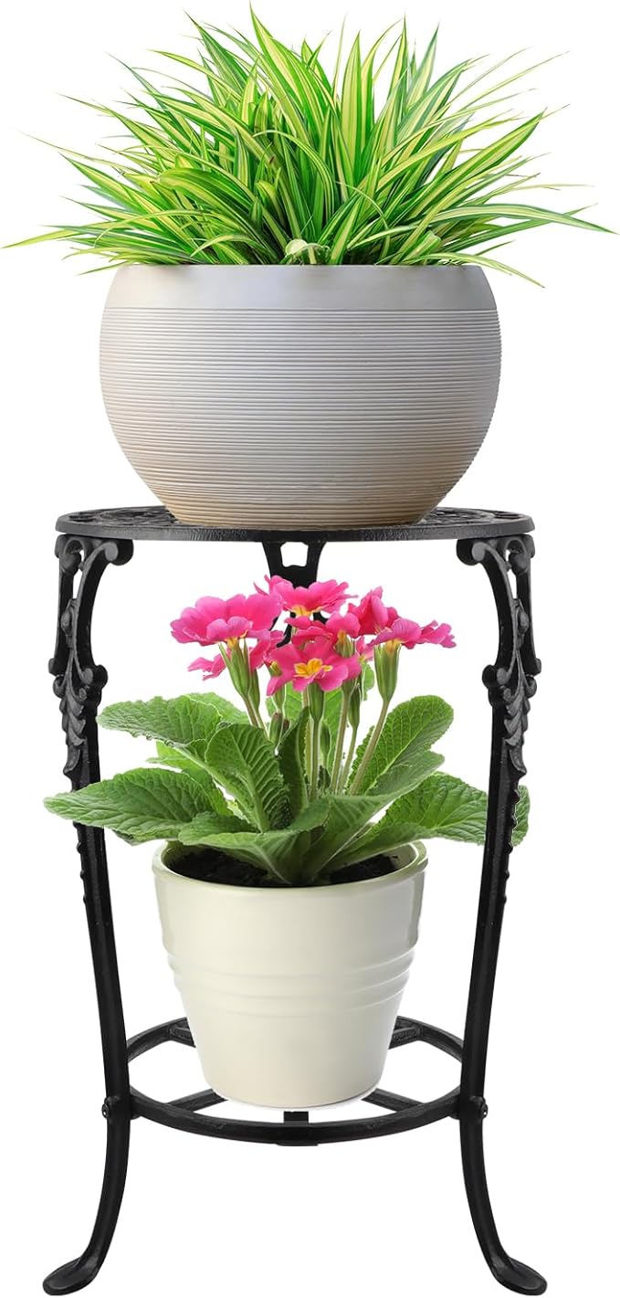 Vintage Cast Iron Plant Stand, 18.8" Tall Flower Pot Holder, 2 Tiered Potted Planter Rack for Living Room, Bedroom, Kitchen, Porch (Black)
