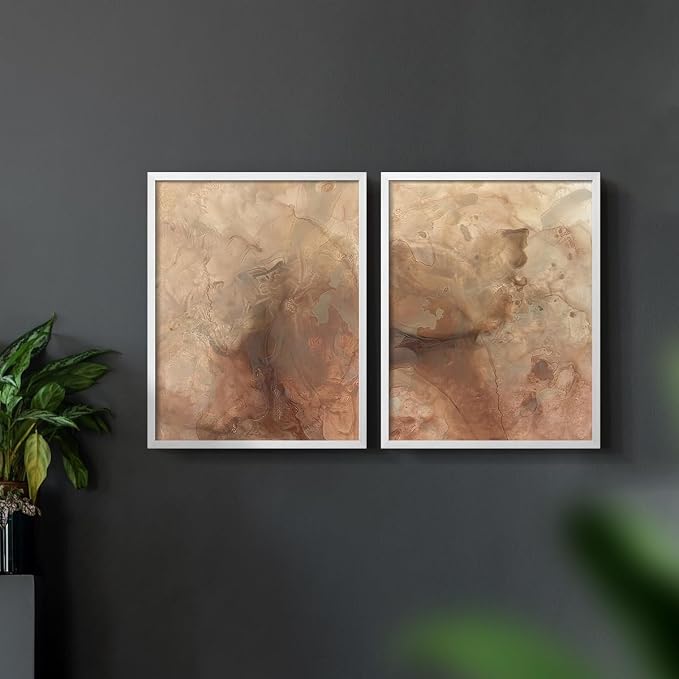 Renditions Gallery Set of 2 Peel & Stick Framed Prints, Abstract Wall Art, Brown Textured Marble Design Re-Stickable - Ready to Hang - 11"x14" - White Frame LT588