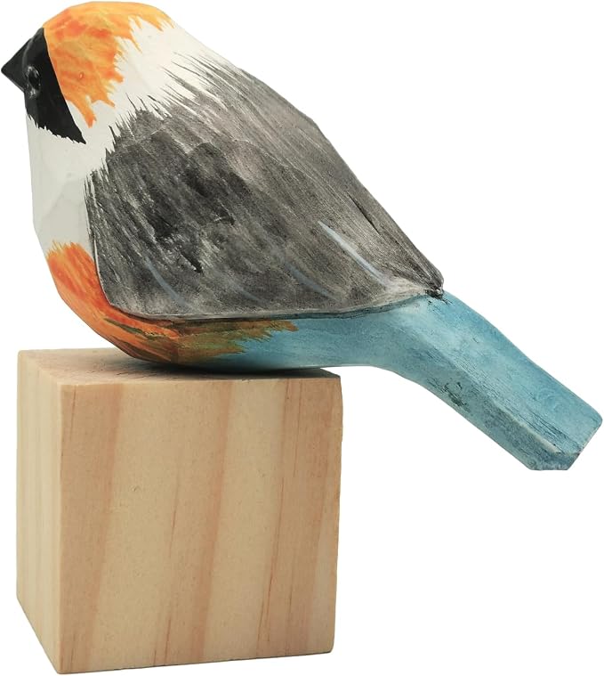 DIYOMR Bird Figurine, Hand Carved Birds Wood Décor, Art Animal Wooden Sculpted Bird with Wood Block, Vivid Bird Statue for Gift Home Table Ornament Decor (Red-Headed Tit)