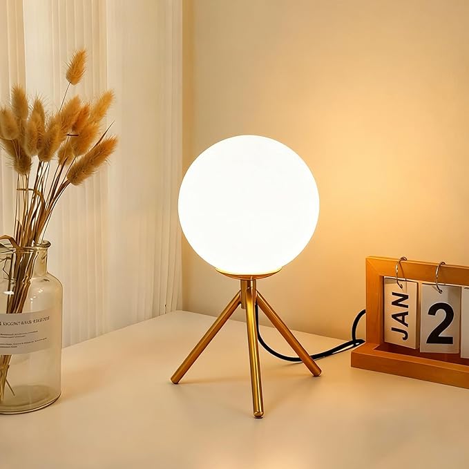 Mid Century Modern Table Lamp - Gold Glass Globe Desk Reading Lamp - Contemporary Minimalist Brushed Brass Bedside Desk Nightstand Industrial Vintage Bedside Table Light